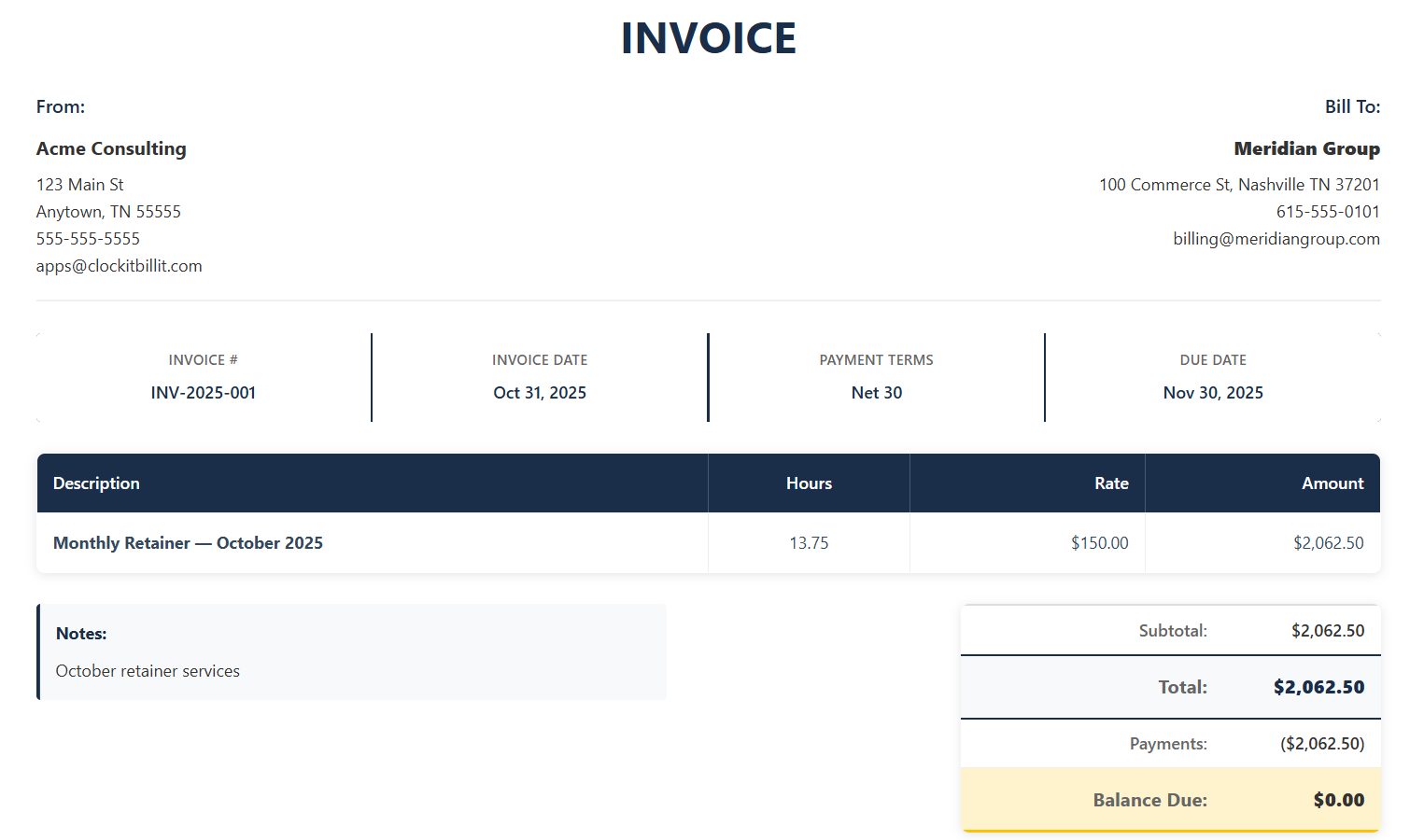 ClockIt-BillIt invoice showing line items, hours, rates, subtotal and balance due