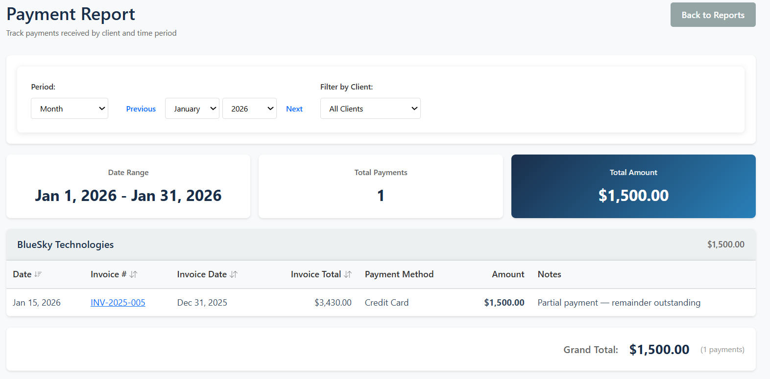 ClockIt-BillIt payment report showing payments received by client with invoice totals and payment method